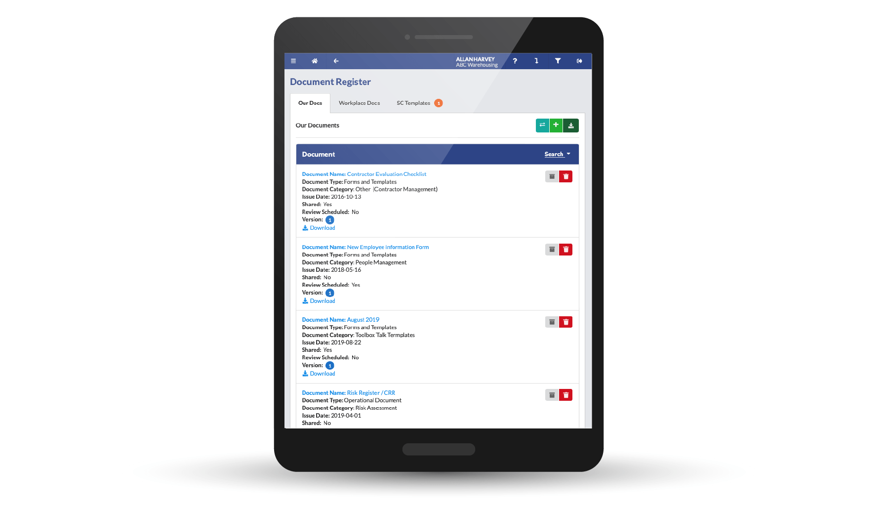 Safety Champion Software with Document Register Displayed