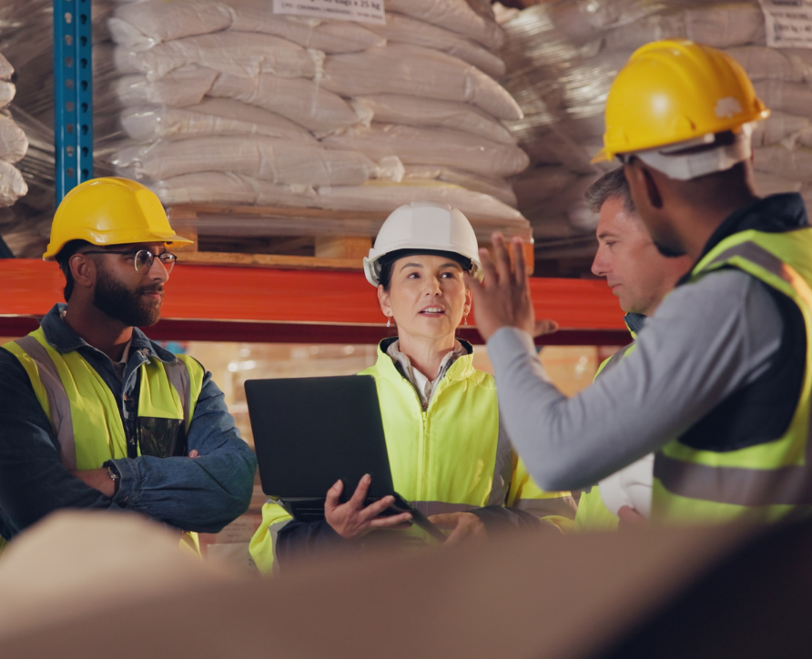A Safety Manager showing warehouse workers how to use the Safety Communications and inductions module through Safety Champion Software on a laptop
