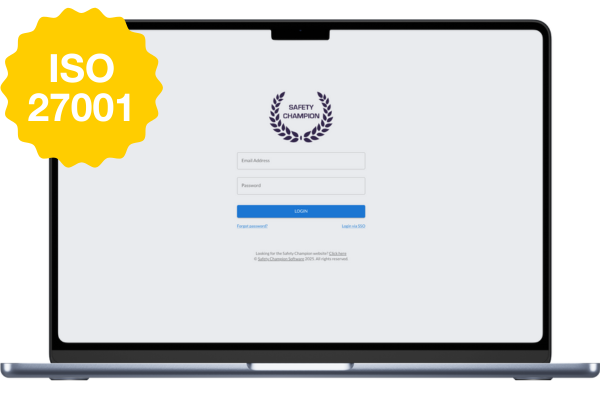 A laptop showing ISO 27001 certification badge feature for Safety Champion Software