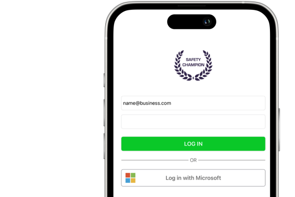 A mobile device showing Single Sign on (SSO) feature for Safety Champion Software.