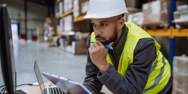 Photo of a male warehouse worker looking at a computer.