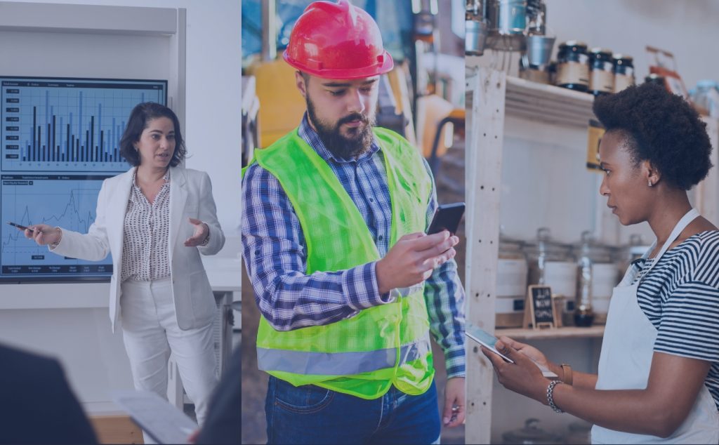 A corporate woman reviewing safety, a contractor reporting an incident and retail worker completing an inspection through Safety Champion Software.