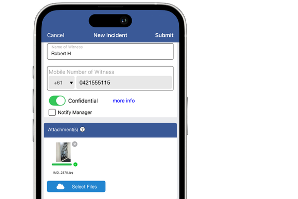 A screenshot of the safety champion mobile app on iOS displaying confidential incident reporting, supporting psychosocial risk management.